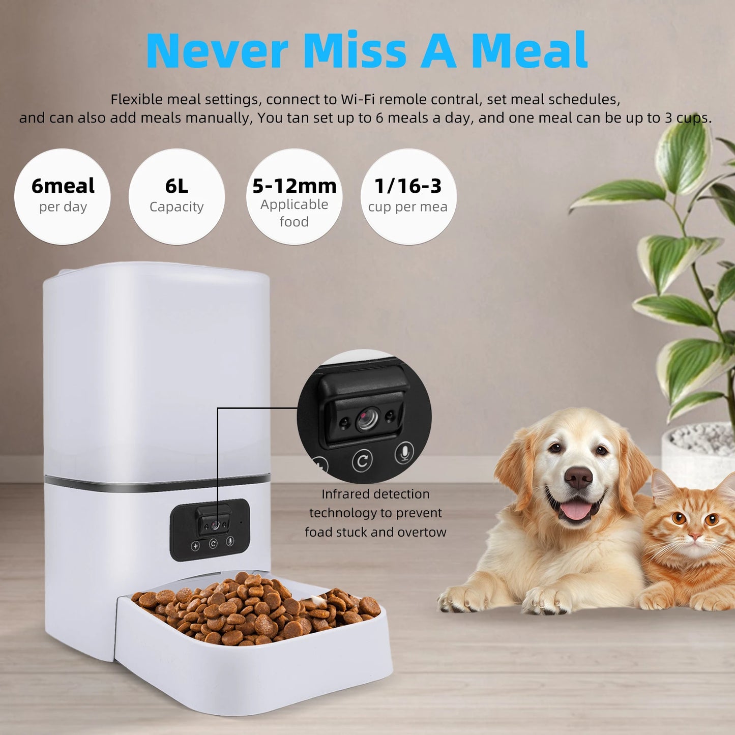 6L Large capacity Cat Smart Pet Feeder Wi-Fi & Camera Controlled Feeder 2 million pixel Automatic Dog & Cat Food Dispenser