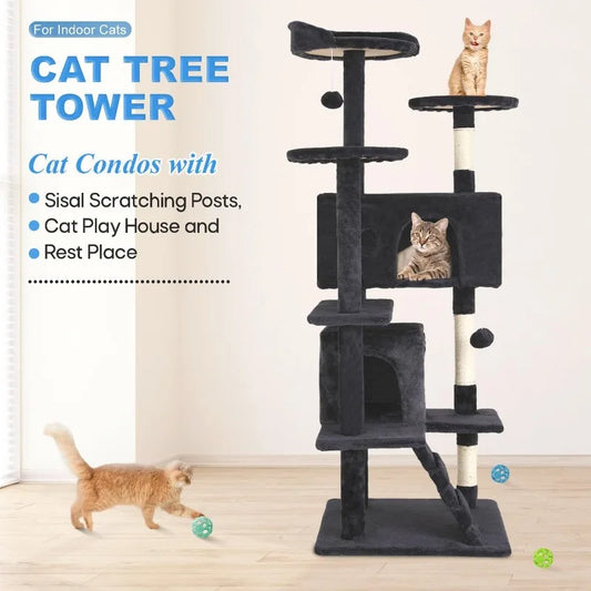 Cat Tree 54in Cat Tower Multi-Level Durable Cat Scratching Post & Cozy Fun Jumping Platform Space Saving Condo