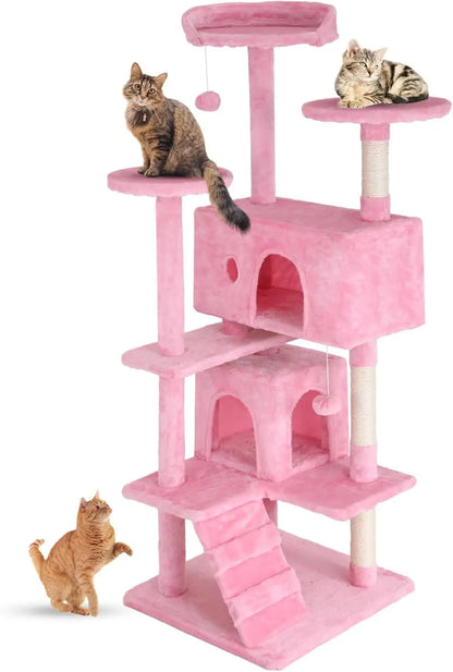 Cat Tree 54in Cat Tower Multi-Level Durable Cat Scratching Post & Cozy Fun Jumping Platform Space Saving Condo