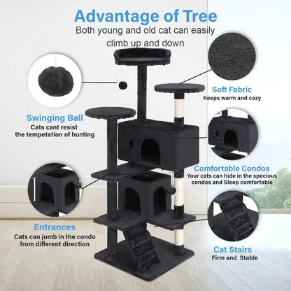 Cat Tree 54in Cat Tower Multi-Level Durable Cat Scratching Post & Cozy Fun Jumping Platform Space Saving Condo